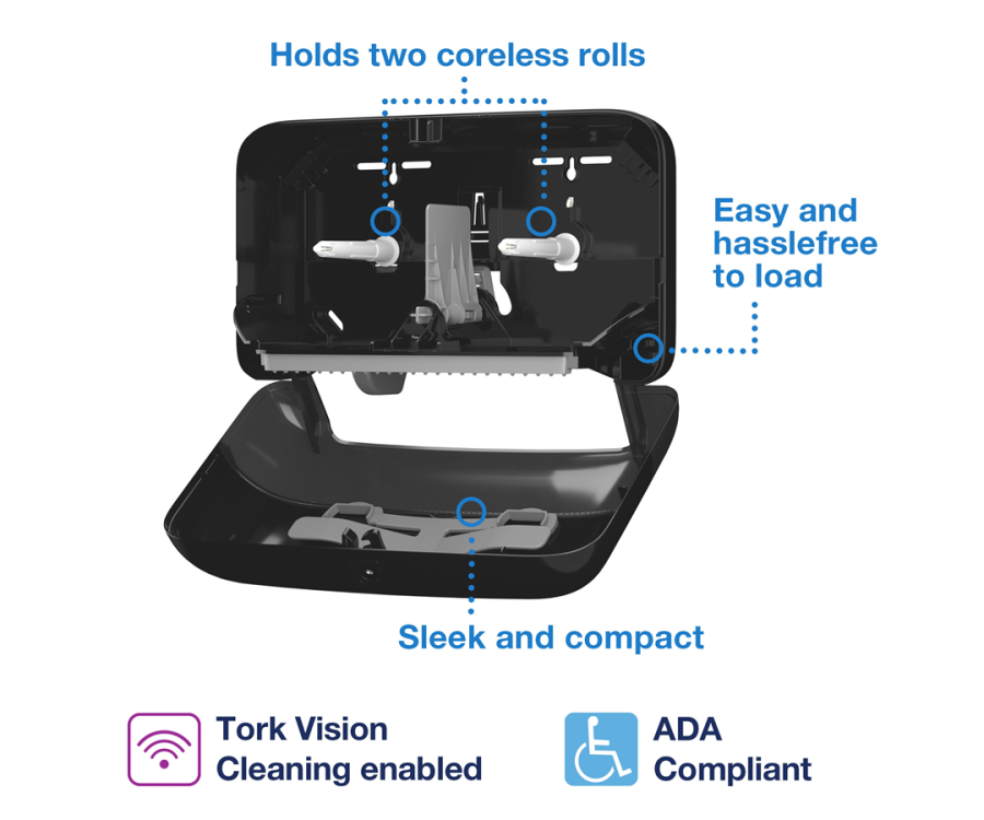 A black paper towel dispenser with text promoting a hygienic dispensing system for improved hygiene on a blue background. Tork OptiServe® Coreless 2-Roll Toilet Paper Dispenser (14.17 in. x 5.12 in. x 8.15 in., 1/Case)